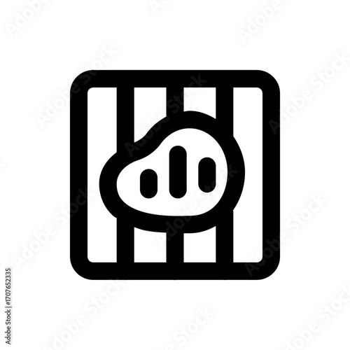 A stylized black and white icon showing a steak behind bars, suggesting food restrictions or dietary limits