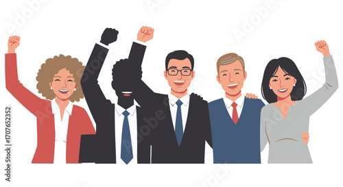 A diverse group of smiling business professionals celebrating success together with raised fists.