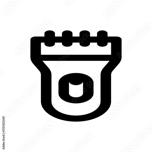 Illustration of a black outlined electric shaver with a button and comb like top on a white background