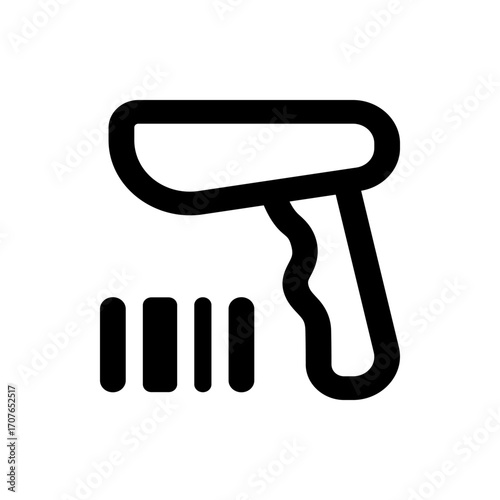 Illustration of a barcode scanner with a handle and visible scanning lines in a simple black outline style