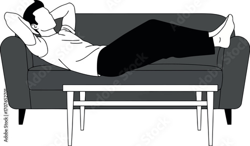Vector art of man relaxing on a couch with hands behind his head, transparent background