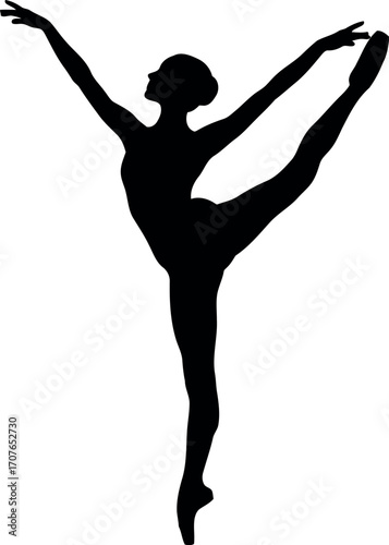 Vector art of silhouette of a ballerina performing a graceful arabesque pose, transparent background