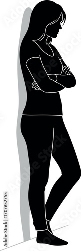 Vector art of silhouette of a woman leaning against a wall with arms crossed, transparent background