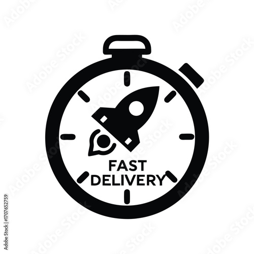 Black stopwatch displays fast delivery with a rocket symbolizing swiftness and immediate service