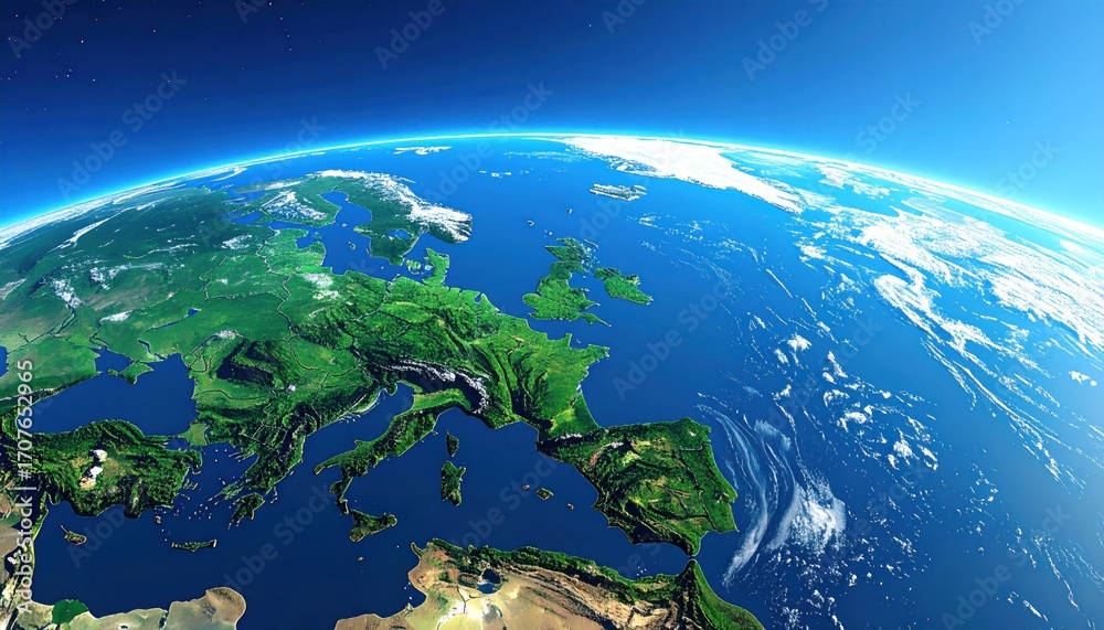 Fototapeta premium Illustrative view of Europe from space, displaying green landmasses, clear blue oceans, and soft, white cloud formations