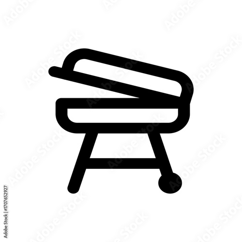Illustration of a charcoal grill with an open lid and a wheel on one side in black and white vector image
