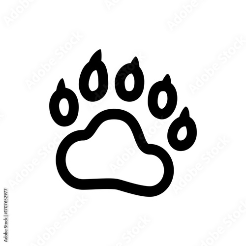 Illustration of a black bear paw print with five toe impressions and a large heel pad design isolated