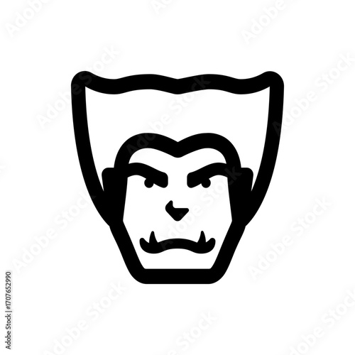 Illustration of a stylized vampire face with prominent fangs and a distinct hairline in black outline