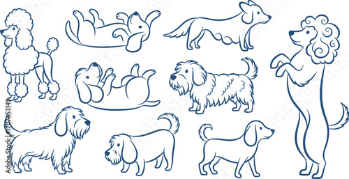 Playful collection of diverse dog breeds outlined in a charming artistic style