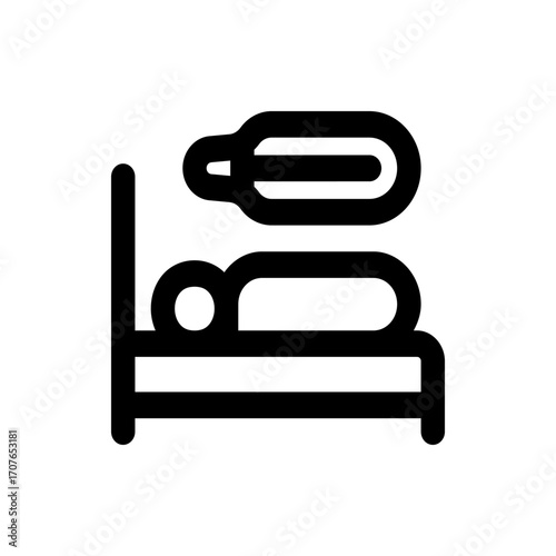 Iconic representation of a person lying in bed with a thermometer indicating illness and needing rest care