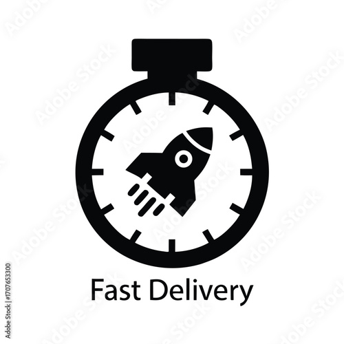 Black timer icon featuring a rocket, symbolizes speed, urgency, and swift delivery service