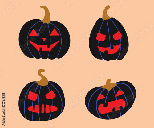 Set Collection of Halloween Jack o lantern black pumpkins with scary faces icon clipart avatar logotype isolated illustration