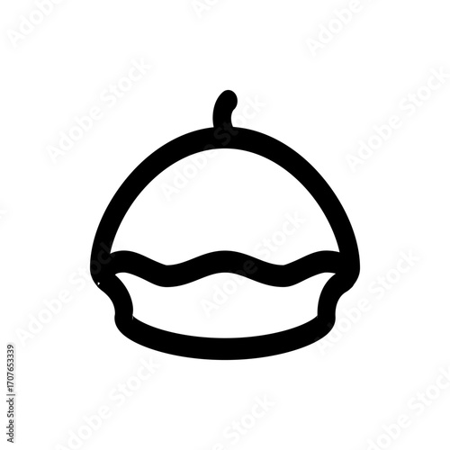 Illustration of a pie with a curved top and a small stem on top in a minimalist black outline style