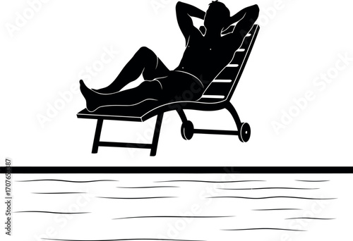 Vector art of silhouette of a man relaxing on a lounge chair by the water, transparent background
