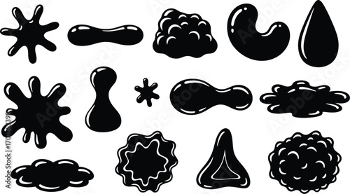 Collection of abstract black liquid shapes and splatters