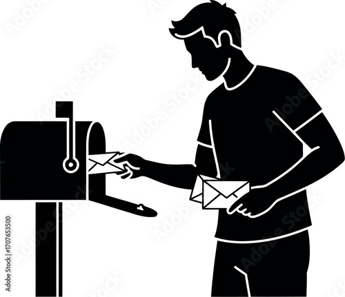 Vector art of man putting mail in a mailbox, transparent background