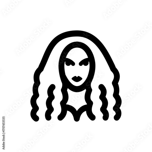 Stylized icon of a woman with dramatic makeup and large curly hair in black and white simple illustration