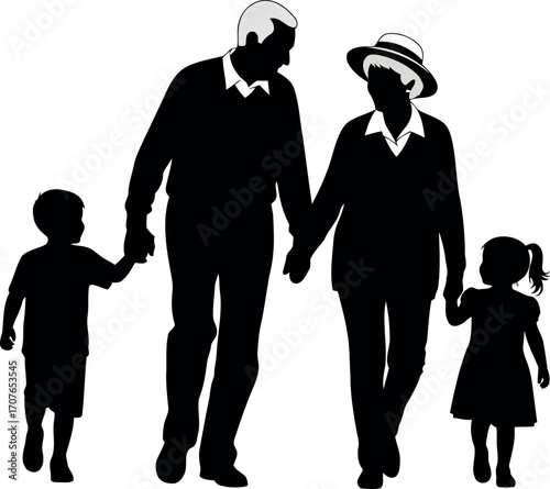 Vector art of family walking together, grandparents with grandchildren, transparent background