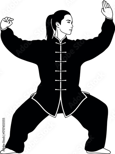 Vector art of woman practicing tai chi, martial arts, transparent background