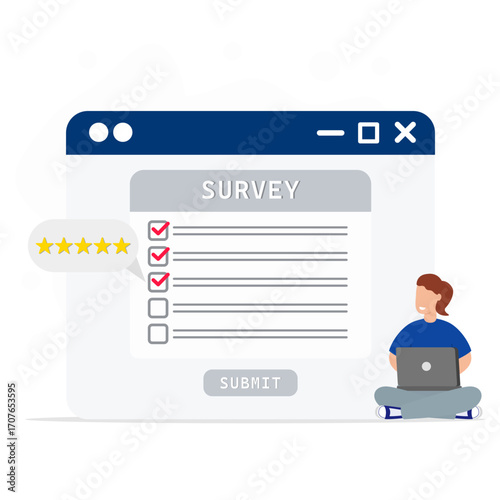 Businesswoman using laptop to filling out online survey form with red checklist and five rating stars of comment at the screen.