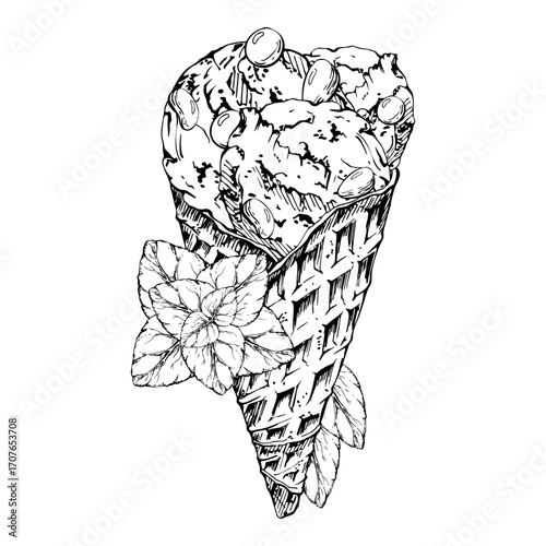 Sorbet ice cream in waffle cone with scattered sugar dragee candy balls, mint leaves. Vector graphic illustration hand drawn in pen and ink. Summer party invite design, sweet snack flyer, dessert wrap