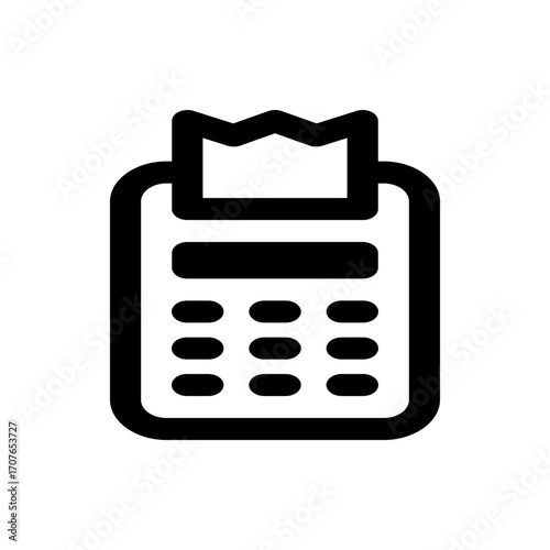 Illustration of a black pos terminal with a receipt coming out and rounded buttons on a white background