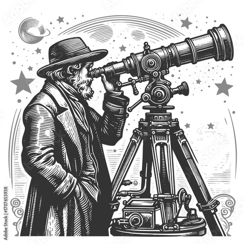 astronomer using a large telescope on a tripod to study the night sky with stars and planets sketch engraving generative ai fictional character vector illustration. Scratch board. Black and white.