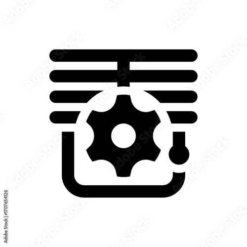 Illustration of a black gear with rounded teeth positioned in front of horizontal lines and a curved base element
