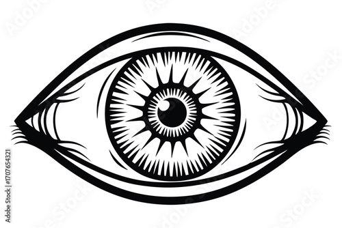 Bold black outline showcases a stylized eye with spiky iris detail on white