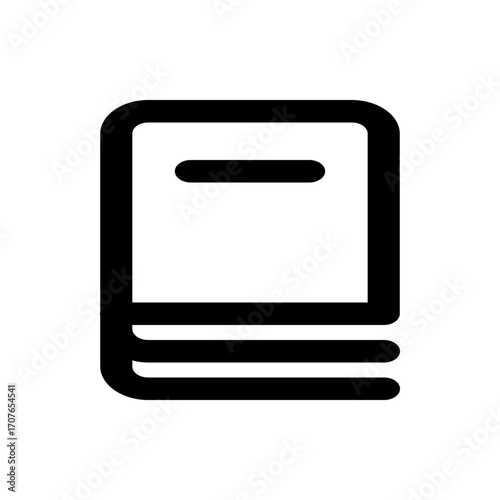 A simple black and white illustration of a closed book with rounded corners and a minimalistic design style
