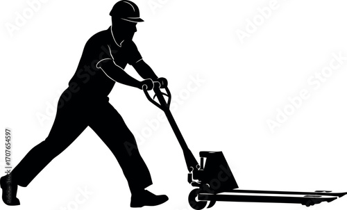 Vector art of worker pushing a pallet jack, transparent background