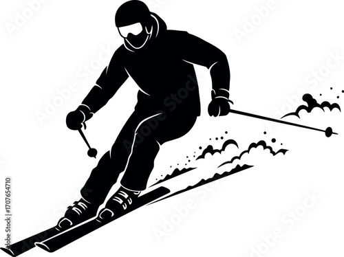 Vector art of silhouette of a skier in action, carving down a snowy slope with ski poles and snow spray transparent background