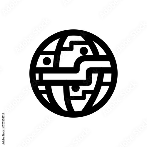 Illustration of a stylized globe with black lines and circular dots on a white background design icon