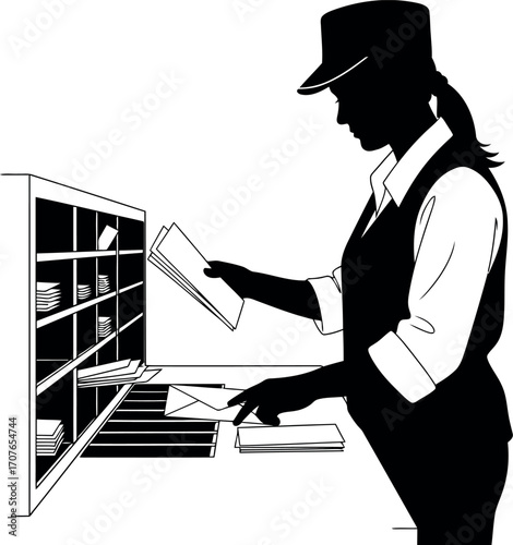 Vector art of silhouette of a postal worker sorting mail in a mail sorting station transparent background