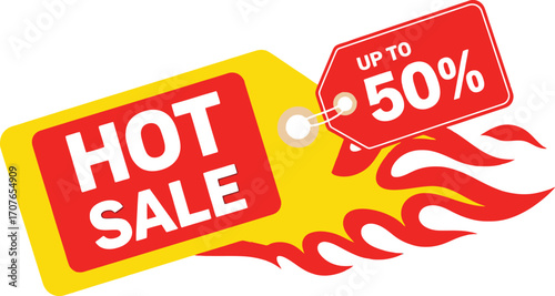 Fiery hot sale tag with up to 50% discount, perfect for announcing big savings