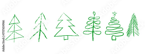 Christmas trees vector collection. Hand drawn green spruce and pine silhouettes in brush chalk sketch style. Coniferous doodle clipart set isolated on white background