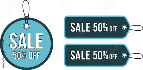 Attractive sale tags advertising 50 percent off discounts on products.