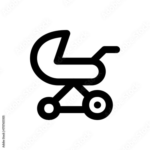 Simple black outline drawing of a baby stroller with a curved hood and small wheels on a white background
