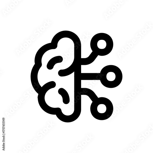 Illustration of a stylized brain connected to three circles via curved lines, all in a bold black outline