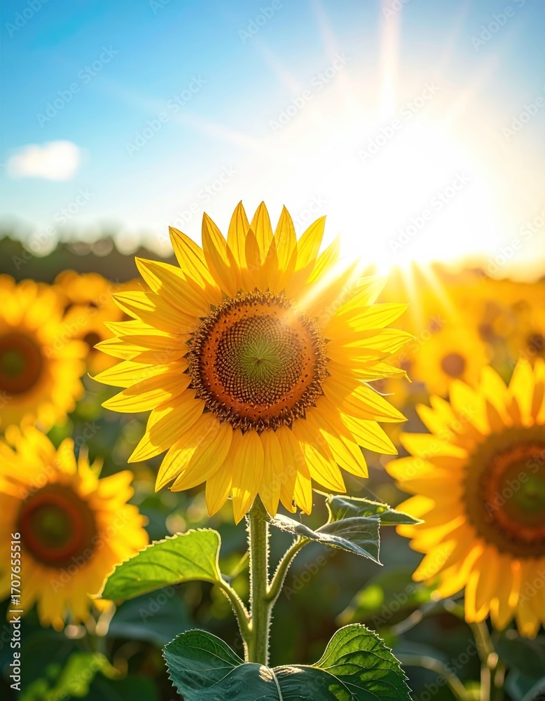 Obraz premium Vibrant yellow sunflower shines bright against a sunny, blue sky, amidst a field of similar sunflowers in warm, golden light