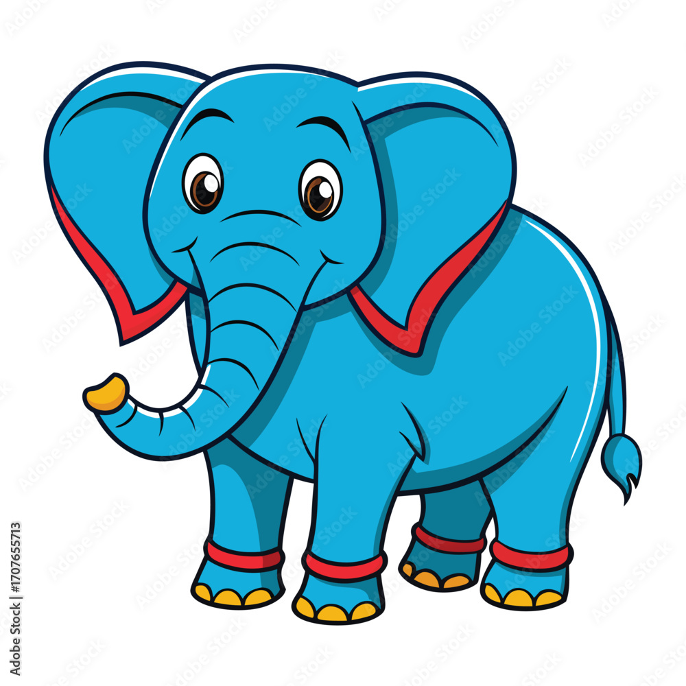 Naklejka premium Cartoon baby elephant with red accents strikes a playful pose on a white background