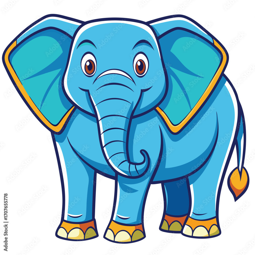 Fototapeta premium Cartoon blue elephant shows its happy face with its trunk swinging down gracefully