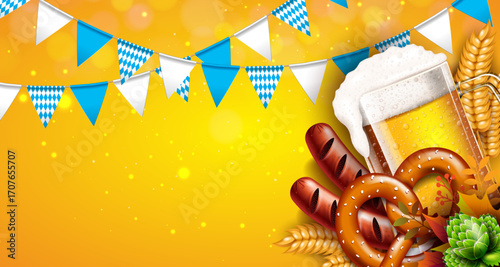 Oktoberfest Beer Festival Banner Illustration with Fresh Lager Beer, Pretzel and Sausage on Yellow Background. Vector Celebration Flyer Design Template with Bavaria Party Flag for Traditional German