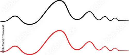 Abstract sound waves in black and red illustrate audio frequencies and signal patterns.