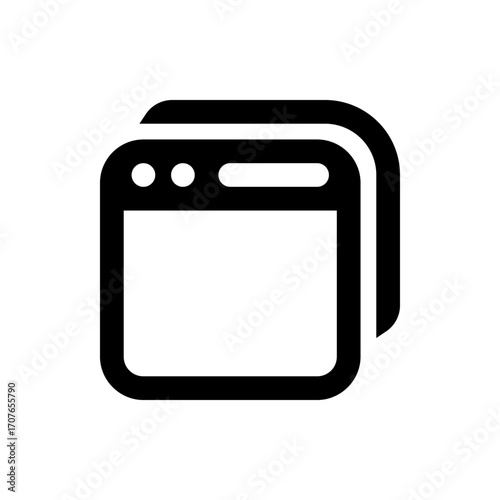 Black outline of two overlapping windows with rounded corners and three small circles in the upper left corner