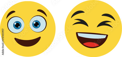 Two cheerful yellow cartoon faces expressing joy and amusement with wide smiles and expressive eyes.