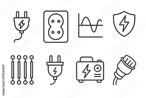 Electrical symbols set: plug, outlet, graph, shield, switches, battery, cable icons