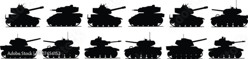 Military Tank Silhouettes Vector Set, Armored Combat Vehicle Clipart Collection
