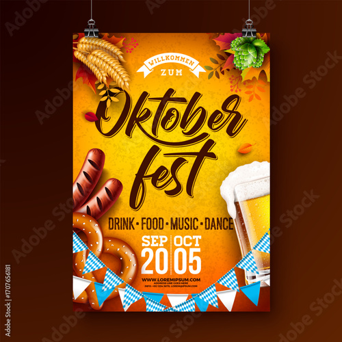 Oktoberfest Party Flyer Illustration with Fresh Lager Beer, Pretzel and Sausage on Yellow Background. Vector Traditional German Beer Festival Poster Design Template with Bavaria Party Flag for
