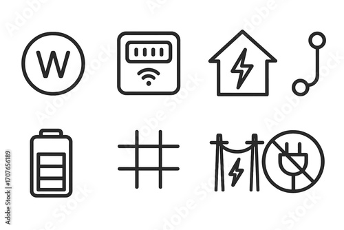 Smart home energy icons: wi-fi, power, connection, battery, grid, wire